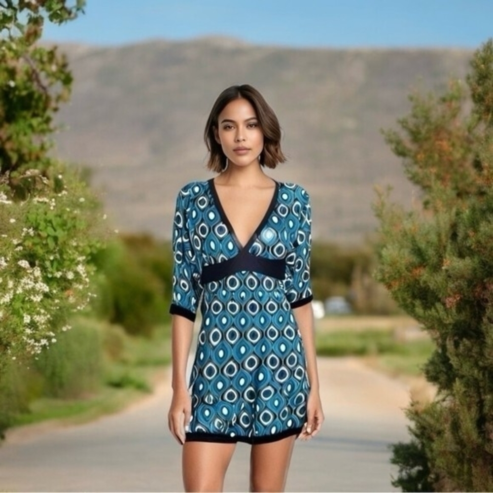 Amisu 3/4 Sleeve Tunic Dress XS/S Abstract Pattern Stretch Spandex Blue Green VG